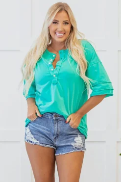 New Dear-Lover Solid Color Half Sleeve Buttons Henley Top Mint Green