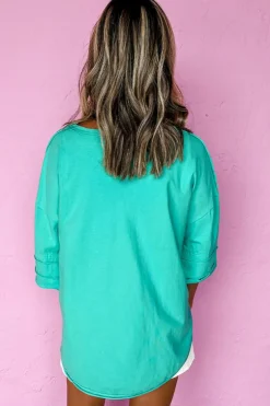 New Dear-Lover Solid Color Half Sleeve Buttons Henley Top Mint Green