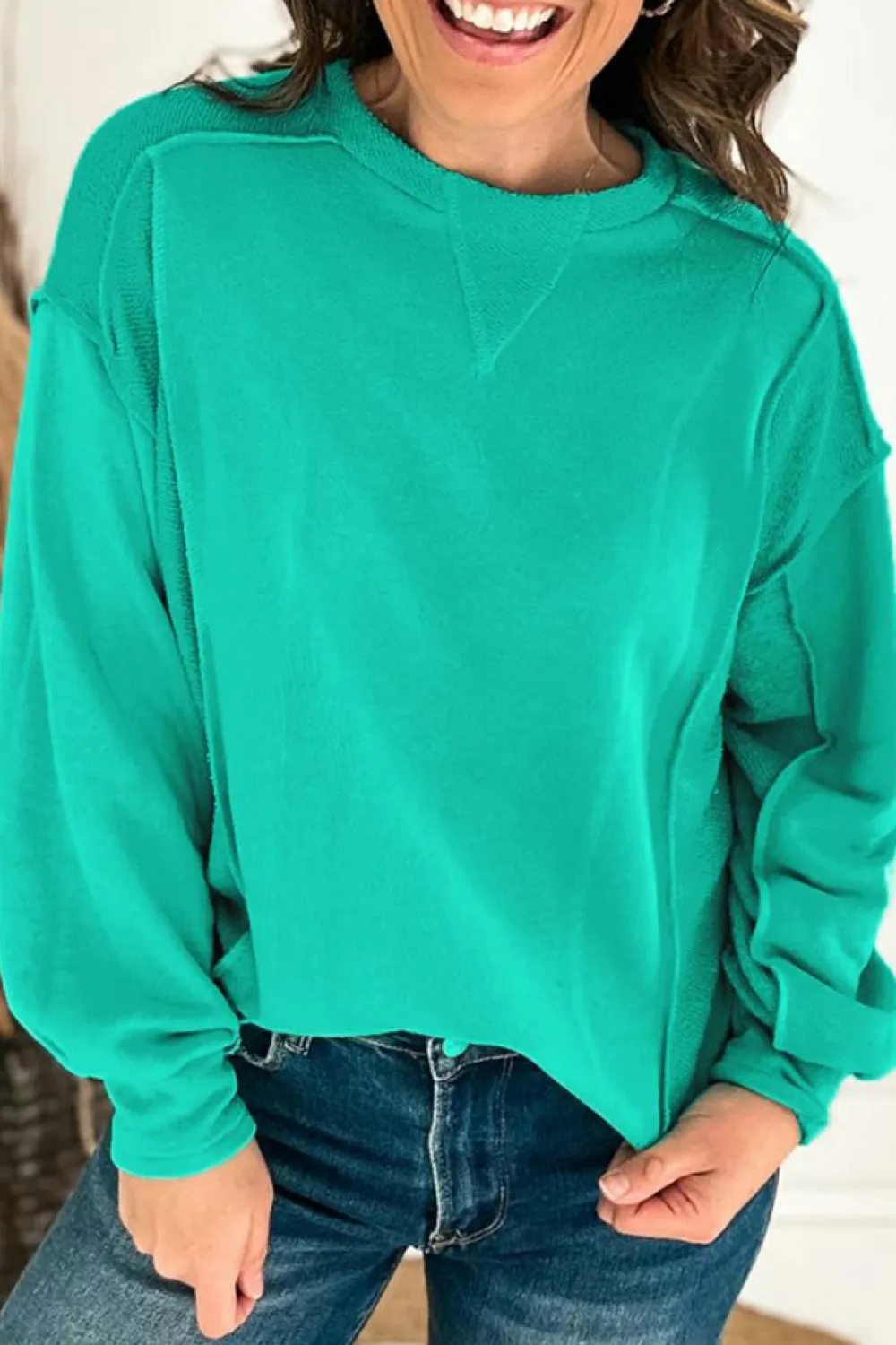 Sale Dear-Lover Splicing Round Neck Pullover Sweatshirt Mint Green