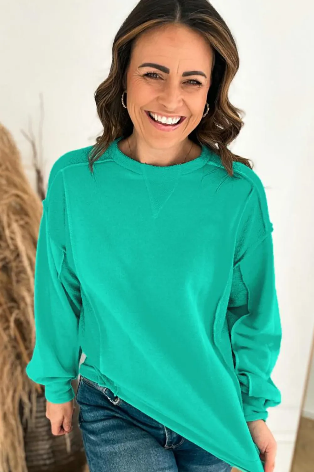 Sale Dear-Lover Splicing Round Neck Pullover Sweatshirt Mint Green
