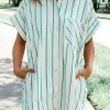Discount Dear-Lover St Patricks Striped Wide Short Sleeve Shift Mini Shirt Dress Mint Green