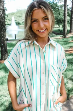 Discount Dear-Lover St Patricks Striped Wide Short Sleeve Shift Mini Shirt Dress Mint Green