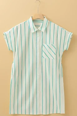 Discount Dear-Lover St Patricks Striped Wide Short Sleeve Shift Mini Shirt Dress Mint Green