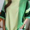 Fashion Dear-Lover Striped Patchwork Textured Colorblock 3/4 Sleeve Knit Top Mint Green