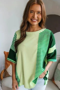 Fashion Dear-Lover Striped Patchwork Textured Colorblock 3/4 Sleeve Knit Top Mint Green