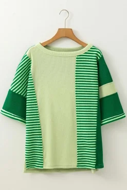 Fashion Dear-Lover Striped Patchwork Textured Colorblock 3/4 Sleeve Knit Top Mint Green
