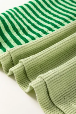 Fashion Dear-Lover Striped Patchwork Textured Colorblock 3/4 Sleeve Knit Top Mint Green