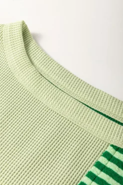 Fashion Dear-Lover Striped Patchwork Textured Colorblock 3/4 Sleeve Knit Top Mint Green