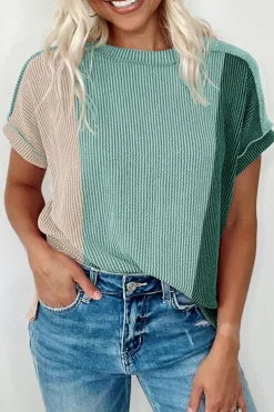 Clearance Dear-Lover Textured Colorblock Crew Neck T Shirt Mint Green