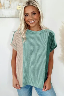 Clearance Dear-Lover Textured Colorblock Crew Neck T Shirt Mint Green