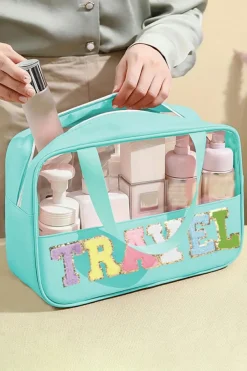 Fashion Dear-Lover TRAVEL Chenille Letter Clear PVC Makeup Bag Mint Green