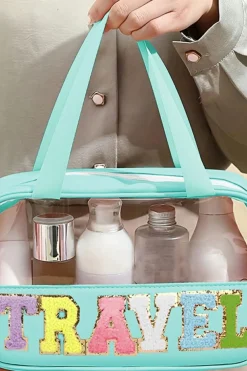Fashion Dear-Lover TRAVEL Chenille Letter Clear PVC Makeup Bag Mint Green
