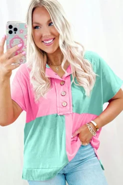Online Dear-Lover Two Tone Half Buttons Collared T Shirt Mint Green
