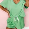 Discount Dear-Lover V Neck Drop Shoulder Tee and Patchwork Drawstring Shorts Set Mint Green