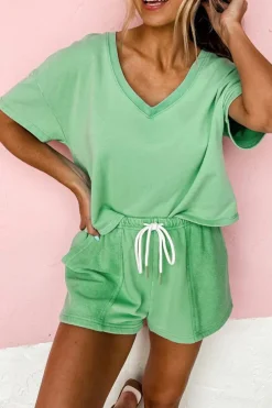 Discount Dear-Lover V Neck Drop Shoulder Tee and Patchwork Drawstring Shorts Set Mint Green