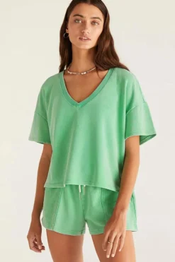 Discount Dear-Lover V Neck Drop Shoulder Tee and Patchwork Drawstring Shorts Set Mint Green