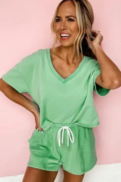 Discount Dear-Lover V Neck Drop Shoulder Tee and Patchwork Drawstring Shorts Set Mint Green