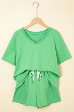 Discount Dear-Lover V Neck Drop Shoulder Tee and Patchwork Drawstring Shorts Set Mint Green