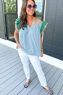 Online Dear-Lover Colorblock Ruffled Sleeve Frill V Neck Blouse Mist Blue