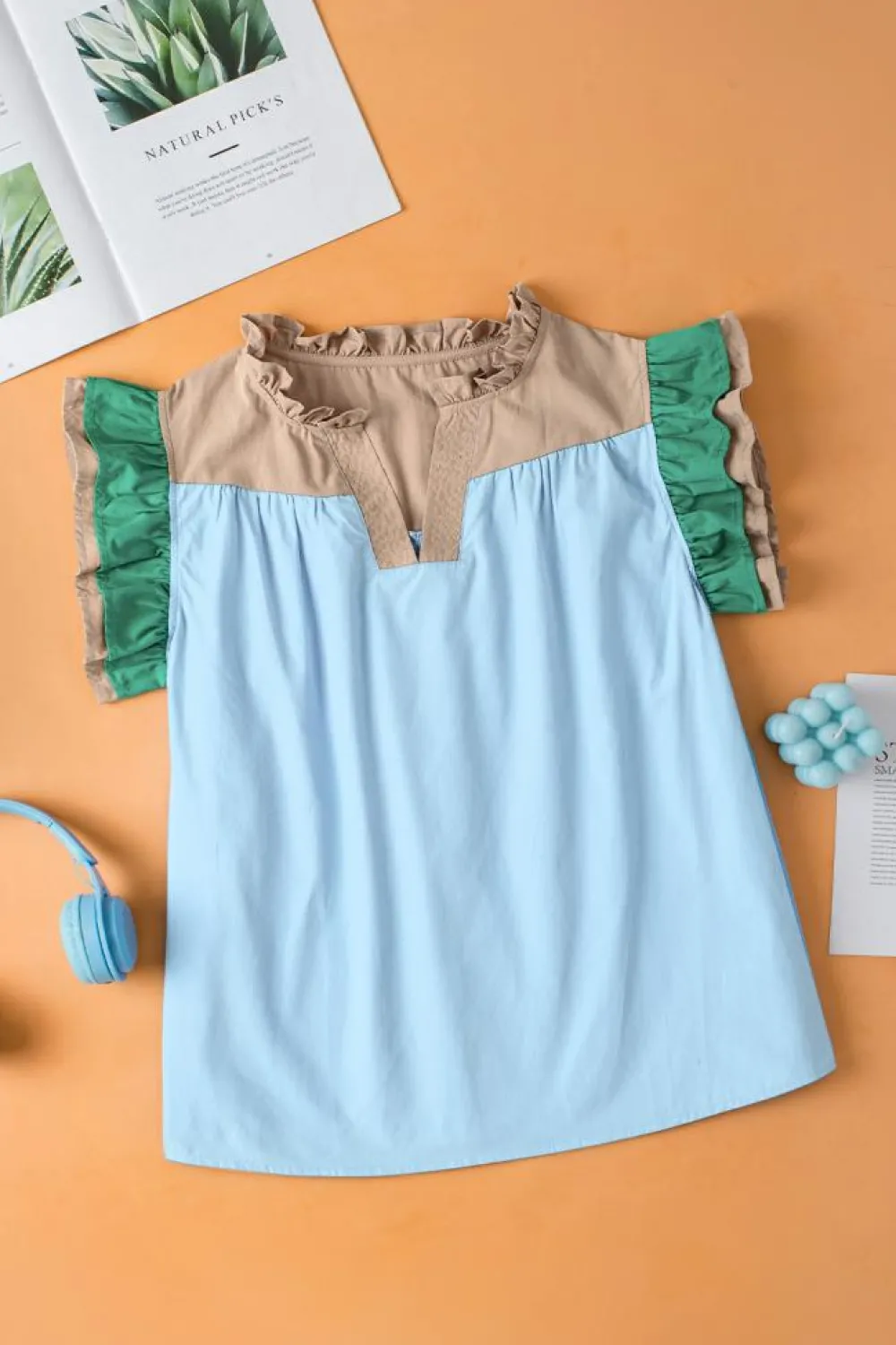 Online Dear-Lover Colorblock Ruffled Sleeve Frill V Neck Blouse Mist Blue