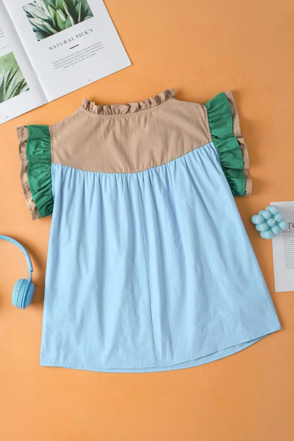 Online Dear-Lover Colorblock Ruffled Sleeve Frill V Neck Blouse Mist Blue