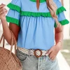 Outlet Dear-Lover Contrast Notched Neck Frilly Detail Short Sleeve Blouse Mist Blue