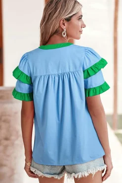Outlet Dear-Lover Contrast Notched Neck Frilly Detail Short Sleeve Blouse Mist Blue