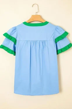 Outlet Dear-Lover Contrast Notched Neck Frilly Detail Short Sleeve Blouse Mist Blue