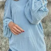 Hot Dear-Lover Corded Frilly Puff Sleeve Round Neck Blouse Mist Blue