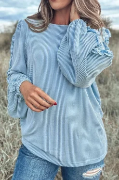 Hot Dear-Lover Corded Frilly Puff Sleeve Round Neck Blouse Mist Blue