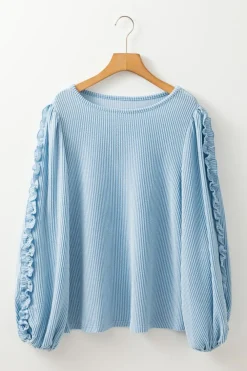 Hot Dear-Lover Corded Frilly Puff Sleeve Round Neck Blouse Mist Blue