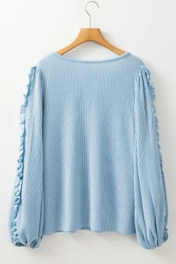 Hot Dear-Lover Corded Frilly Puff Sleeve Round Neck Blouse Mist Blue