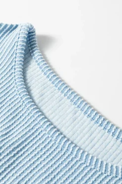 Hot Dear-Lover Corded Frilly Puff Sleeve Round Neck Blouse Mist Blue