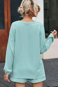 Clearance Dear-Lover Corded V Neck Slouchy Top Pocketed Shorts Set Mist Blue