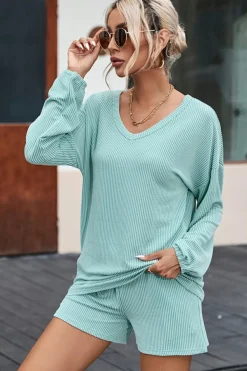 Clearance Dear-Lover Corded V Neck Slouchy Top Pocketed Shorts Set Mist Blue