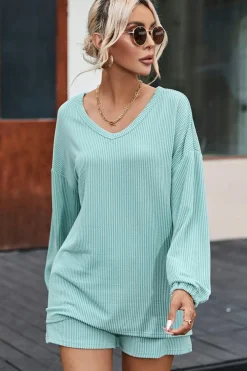 Clearance Dear-Lover Corded V Neck Slouchy Top Pocketed Shorts Set Mist Blue