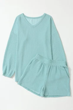 Clearance Dear-Lover Corded V Neck Slouchy Top Pocketed Shorts Set Mist Blue