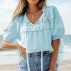 Sale Dear-Lover Embroidered Lace Patchwork Tie Neck Puff Short Sleeve Blouse Mist Blue