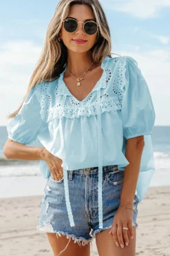 Sale Dear-Lover Embroidered Lace Patchwork Tie Neck Puff Short Sleeve Blouse Mist Blue