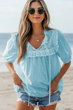 Sale Dear-Lover Embroidered Lace Patchwork Tie Neck Puff Short Sleeve Blouse Mist Blue