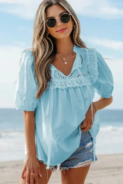 Sale Dear-Lover Embroidered Lace Patchwork Tie Neck Puff Short Sleeve Blouse Mist Blue