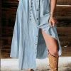 Clearance Dear-Lover Fully Buttoned Long Denim Skirt Mist Blue