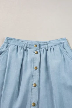Clearance Dear-Lover Fully Buttoned Long Denim Skirt Mist Blue