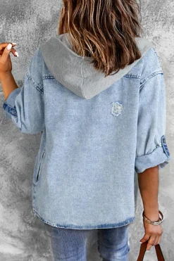 Fashion Dear-Lover Oversized Contrast Hooded Denim Jacket Mist Blue