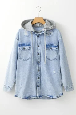 Fashion Dear-Lover Oversized Contrast Hooded Denim Jacket Mist Blue