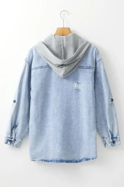 Fashion Dear-Lover Oversized Contrast Hooded Denim Jacket Mist Blue