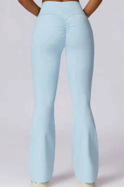 New Dear-Lover Solid Color High Waist Active Sports Flare Pants Mist Blue
