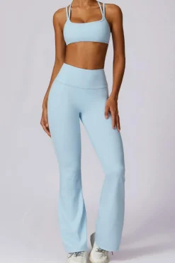 New Dear-Lover Solid Color High Waist Active Sports Flare Pants Mist Blue
