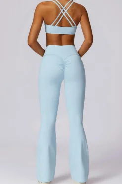 New Dear-Lover Solid Color High Waist Active Sports Flare Pants Mist Blue