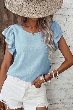 Online Dear-Lover Solid Color Ruffled Short Sleeve Casual Blouse Mist Blue